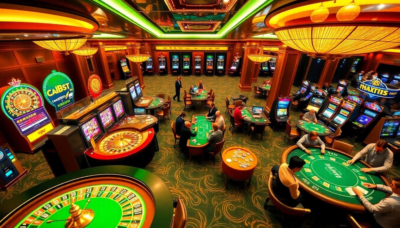 Experience the thrill of gambling at Luckywin's vibrant casino with roulette and slot machines.