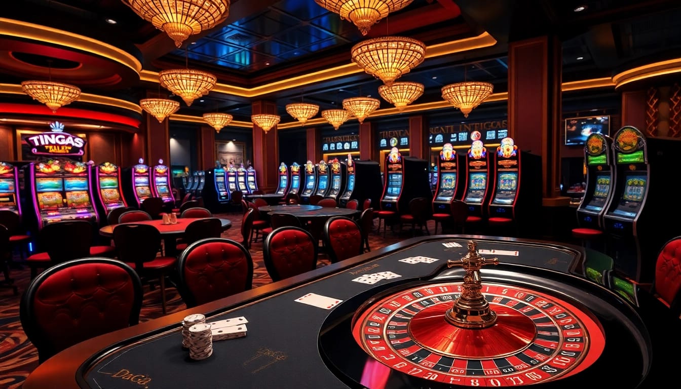 Daga casino players engage in an exciting game at a lavish table, showcasing vibrant cards and chips.