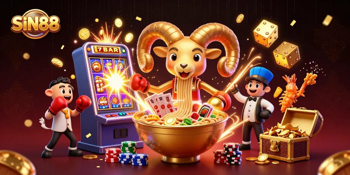 SIN88 casino excitement with a golden ramen bowl character in vibrant 3D illustration