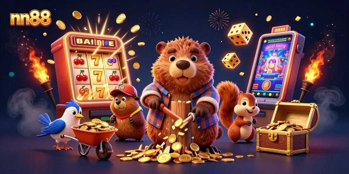 Spin the reels at nn88 while a beaver gathers gold coins amidst thrilling casino elements