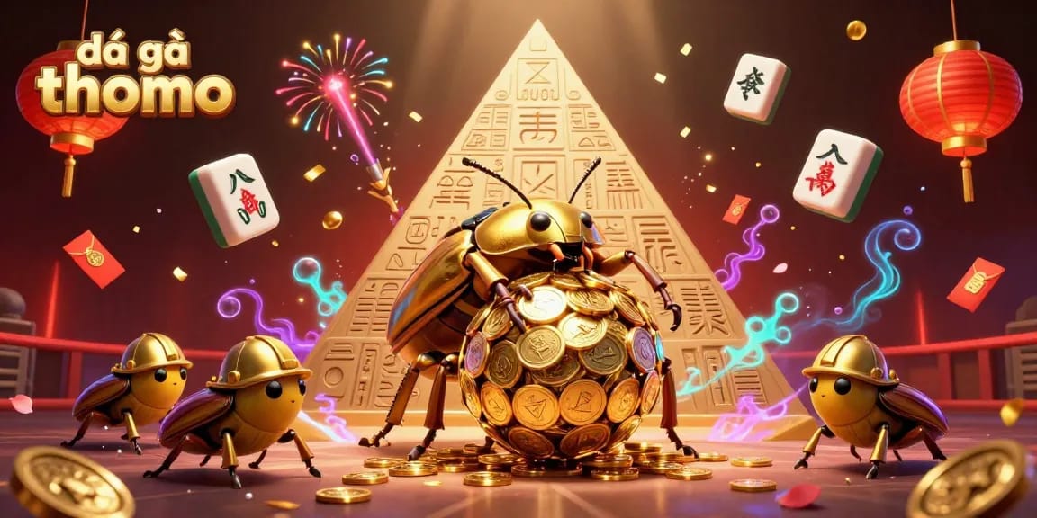 Experience the excitement of đá gà thomo with vibrant cockfighting illustration filled with coins, lanterns, and action.