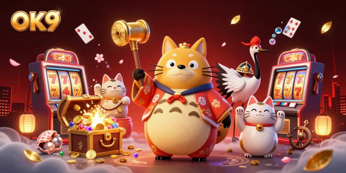 Engage in winning strategies at OK9 with vibrant casino elements and cheerful characters.