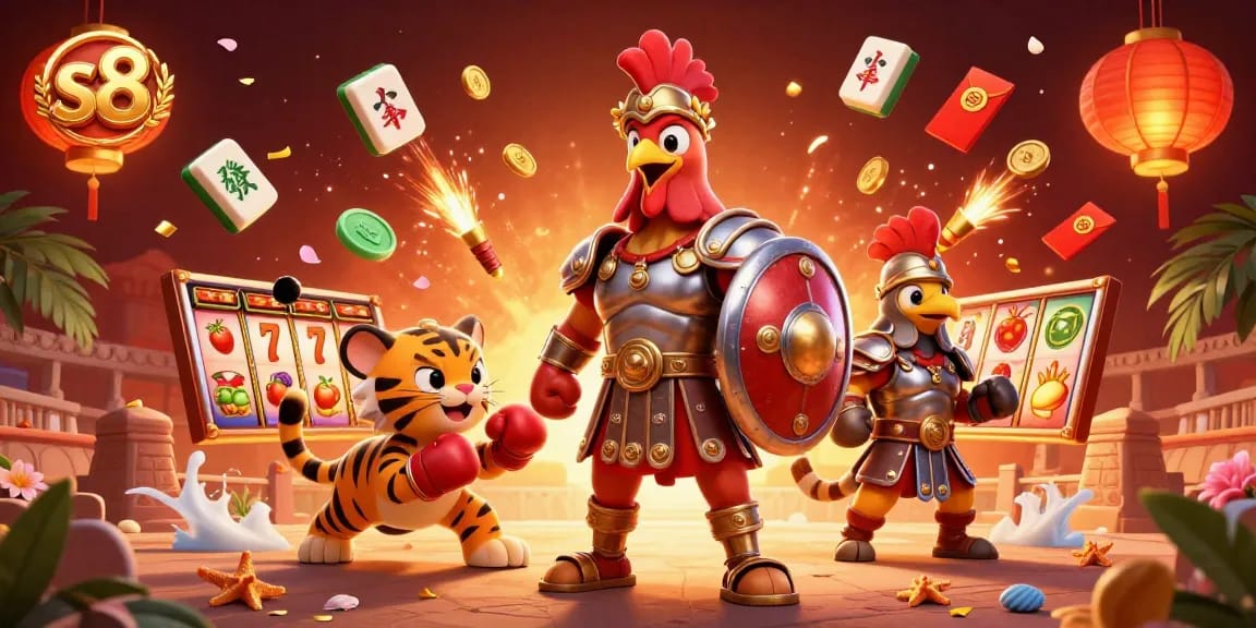 Experience thrilling slots action at S8 with our vibrant 3D casino illustration.