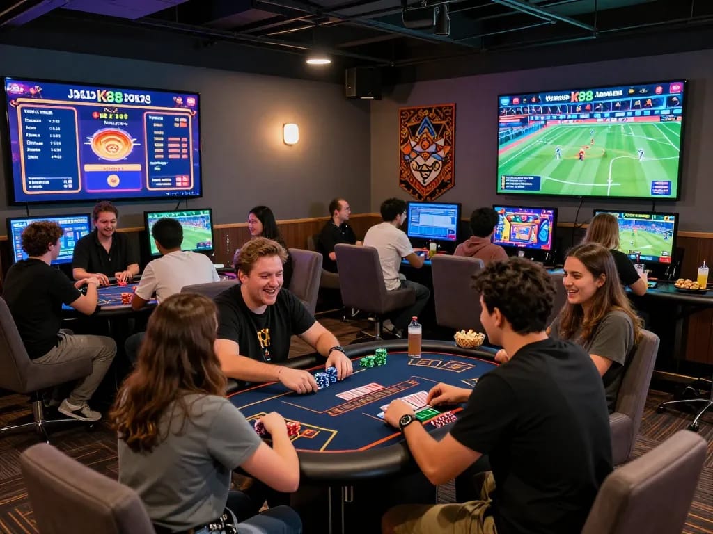 K88 gaming lounge scene with friends celebrating wins at modern gaming stations, showcasing vibrant gambling experience.