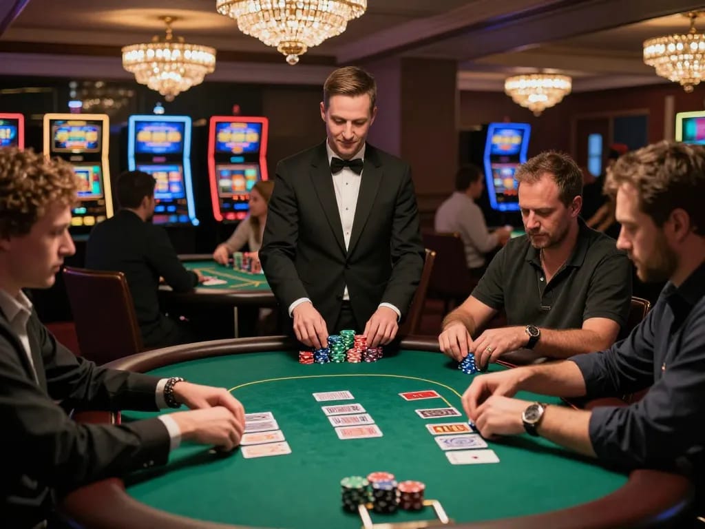 Players at poker tables strategically engaging in games at gk88 casino location