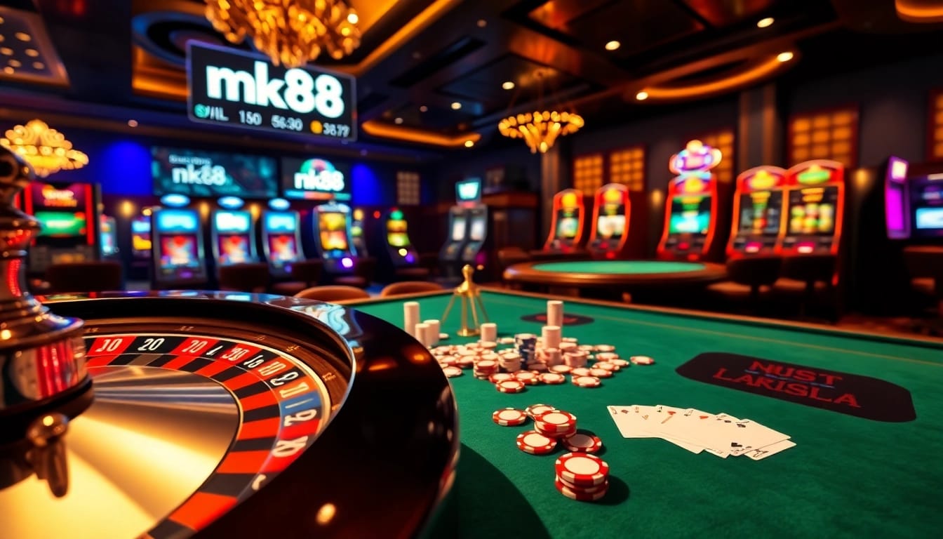 Engaged players enjoying the thrill of nk88 at a vibrant casino table with poker chips.