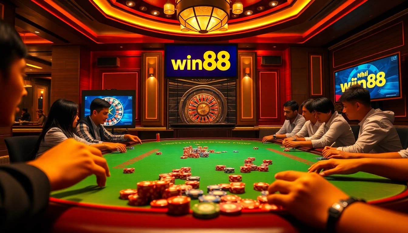 Experience the excitement at Nhà cái win88 with colorful poker chips and an engaging roulette wheel.