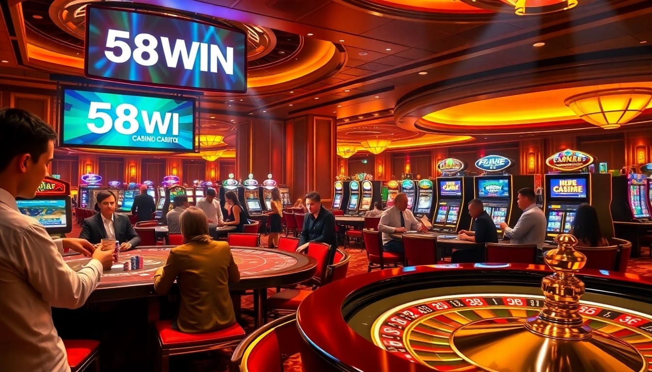 Players enjoying thrilling games at 58WIN casino, showcasing vibrant slot machines and dynamic table action.