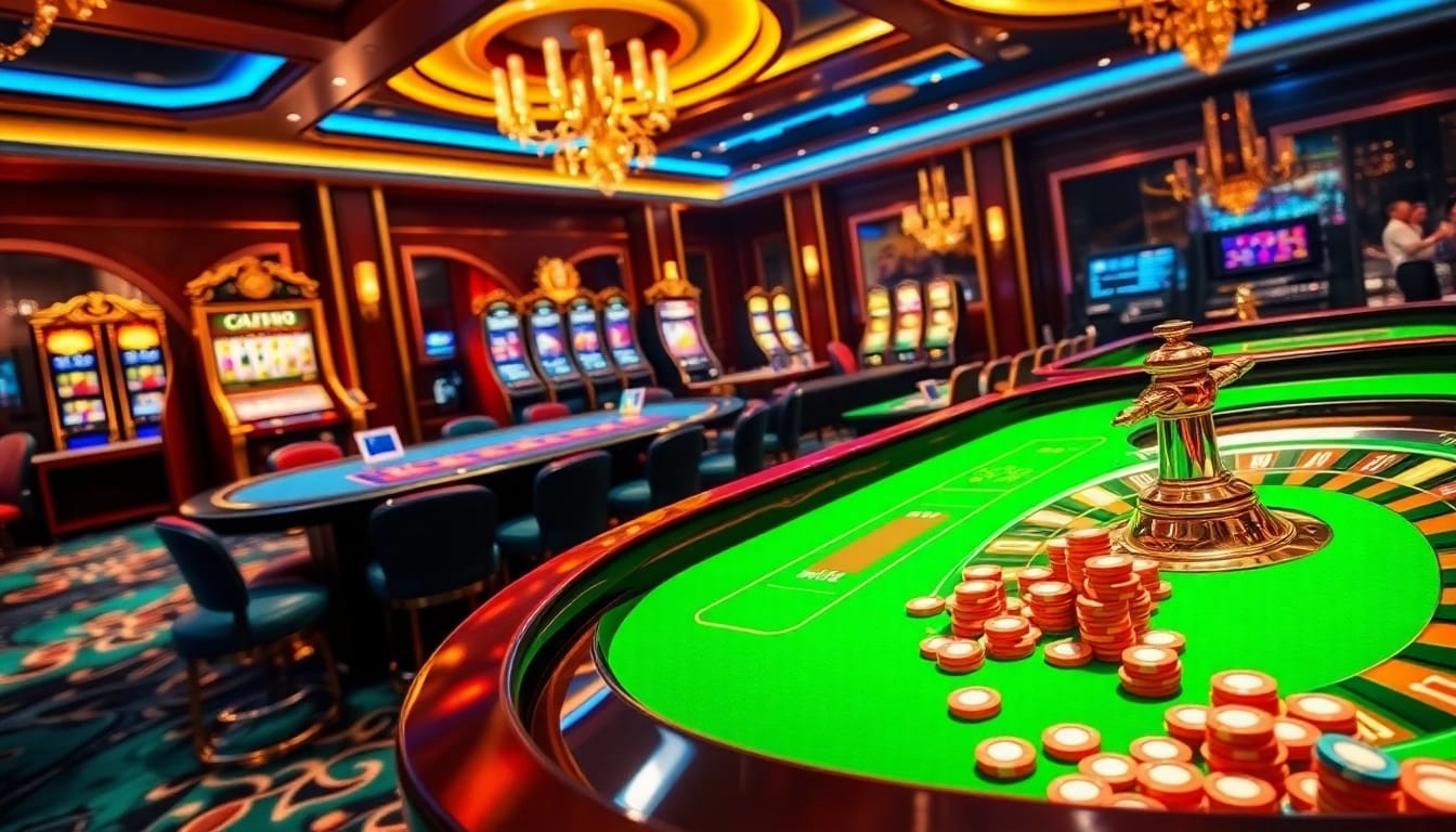 Iwin casino table with vibrant slot machines, roulette wheel, and professional dealer in action.
