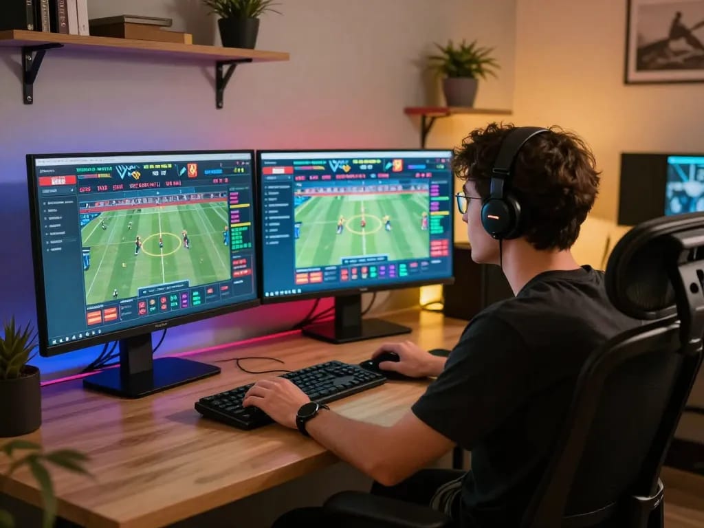 Navigating NK88 sports betting platforms with multiple screens for strategic wagering.