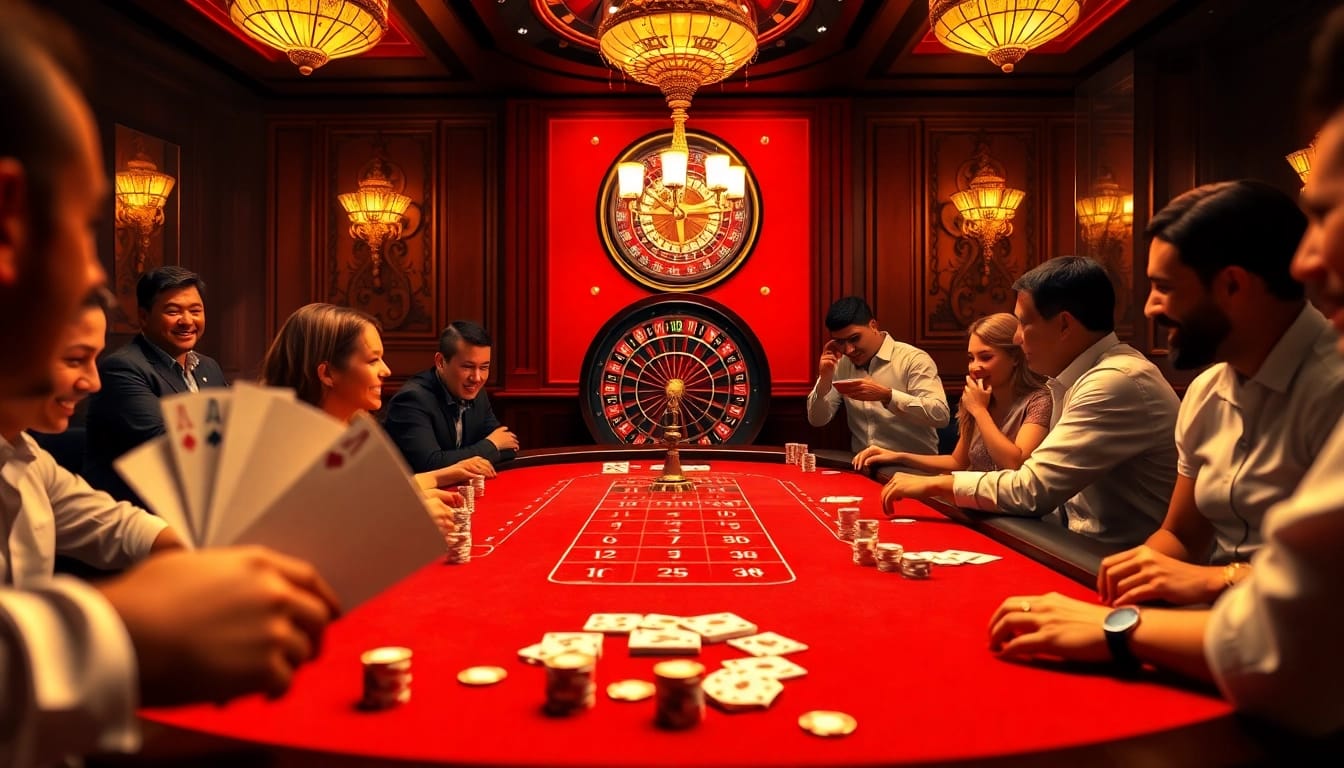 Players enjoying poker at 789win's vibrant casino table, showcasing excitement and luxury.