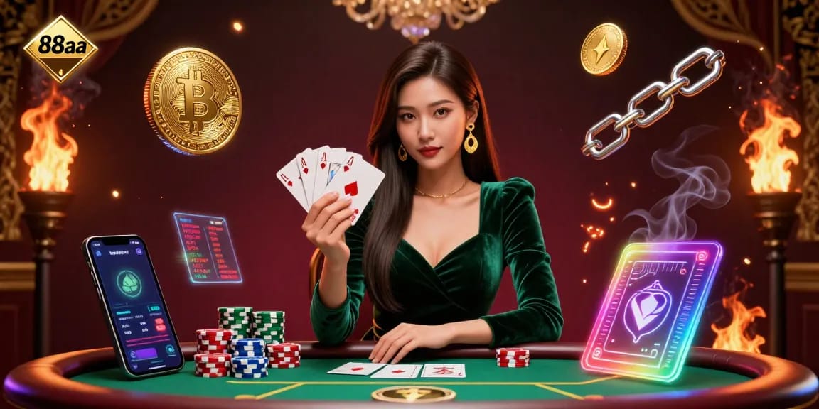 Engage with 88aa's luxury casino experience as a stunning Asian woman plays poker amidst vibrant cryptocurrency elements.