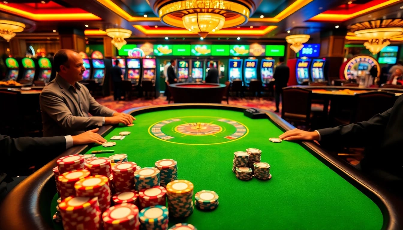 Engage with the thrilling poker scene at RR88, showcasing vibrant chips and luxury casino elements.