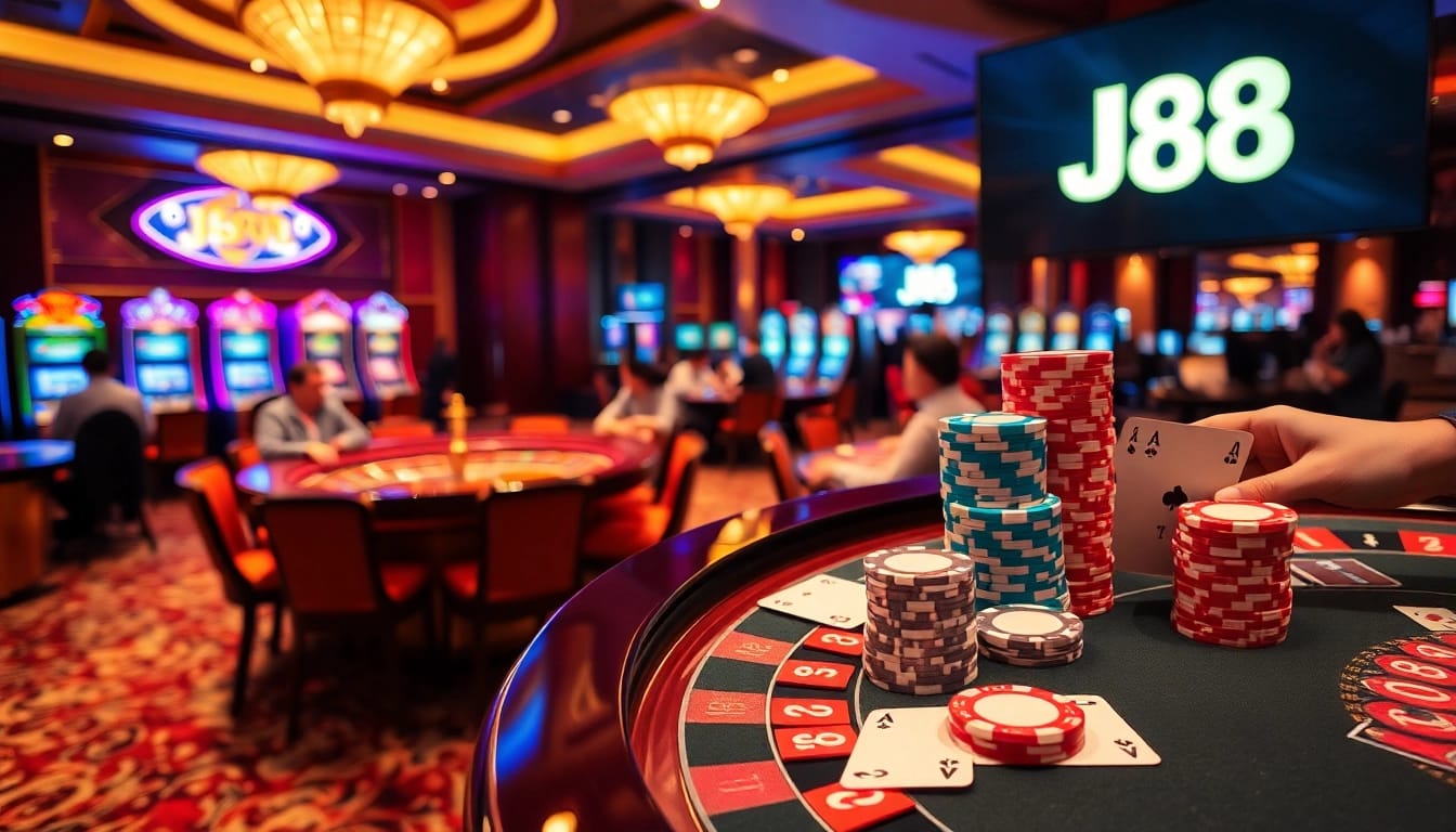 Engaging with J88 at a vibrant casino table, players enjoying high-stakes excitement.
