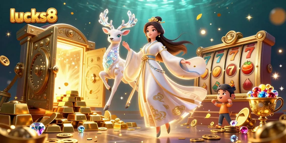 Engage with stunning gameplay visuals at lucks8 featuring a vibrant Asian woman in hanfu amidst dazzling slot symbols.