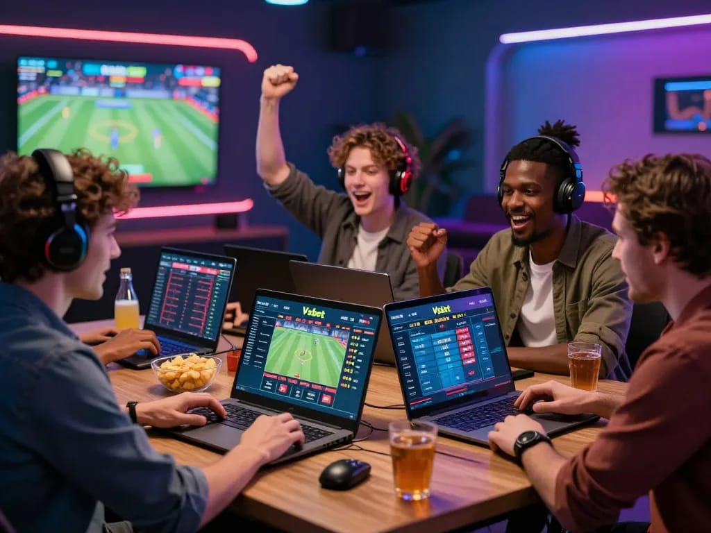 Friends enjoying an online betting experience on Vsbet, surrounded by vibrant atmosphere and technology.