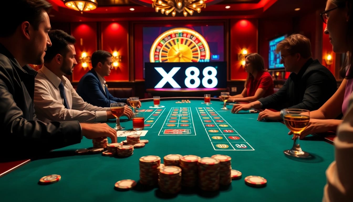 Players enjoying a game at a casino table with the keyword XX88 prominently displayed among poker chips.