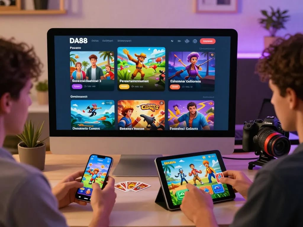 Engaging scene depicting DA88 online entertainment platform with diverse games and users across various devices.