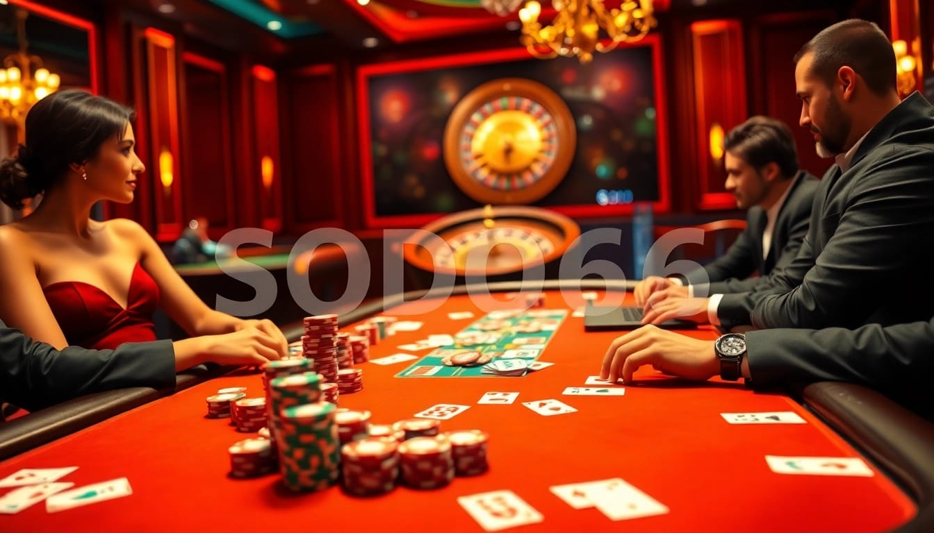 SODO66 engaging players at a high-stakes poker table in a luxurious online casino setting.