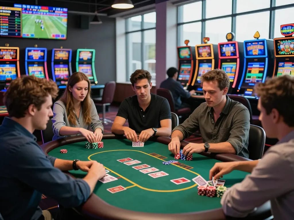 Exciting casino scene at BEM88 with diverse players enjoying various games and vibrant atmosphere.
