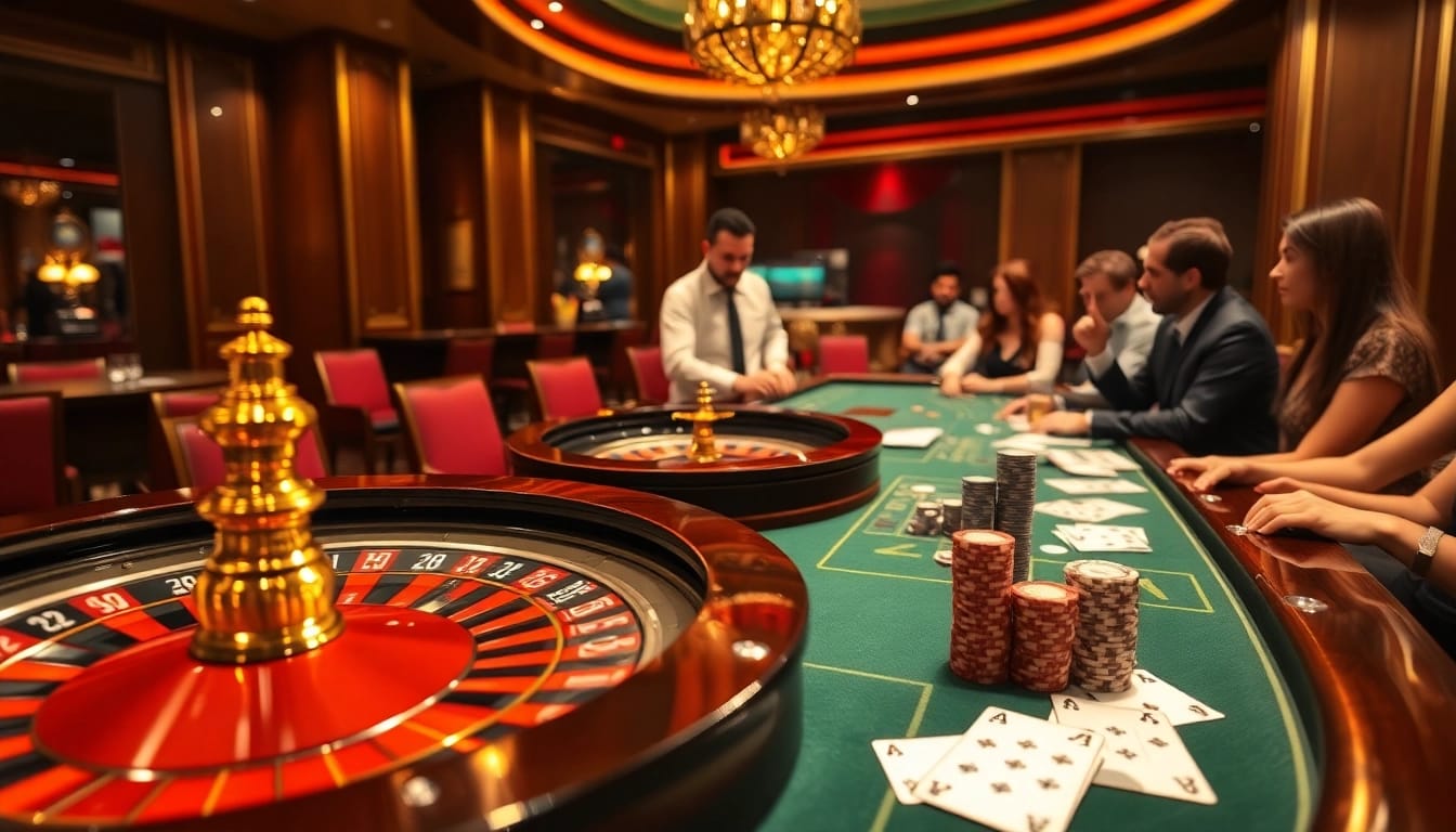 Players enjoying an exciting game of roulette at HM88 casino, with chips and cards in action.