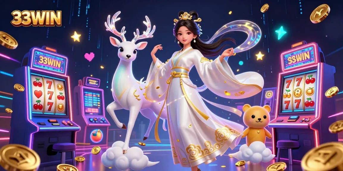Engage with 33WIN through a captivating 3D illustration showcasing vibrant slot machines and enchanting characters.