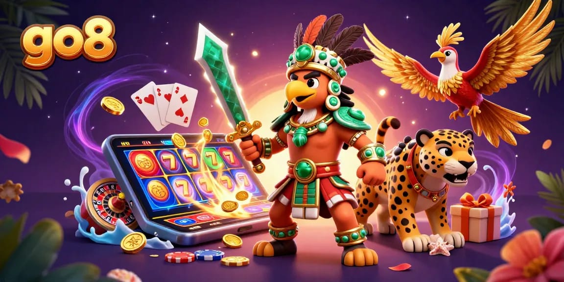 Experience excitement at go8's vibrant casino with 3D Aztec warriors and slot games.