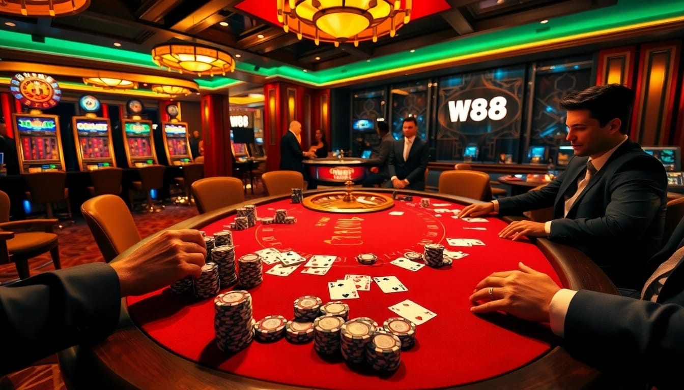 W88 players enjoying a luxurious gaming experience at a professional casino table.