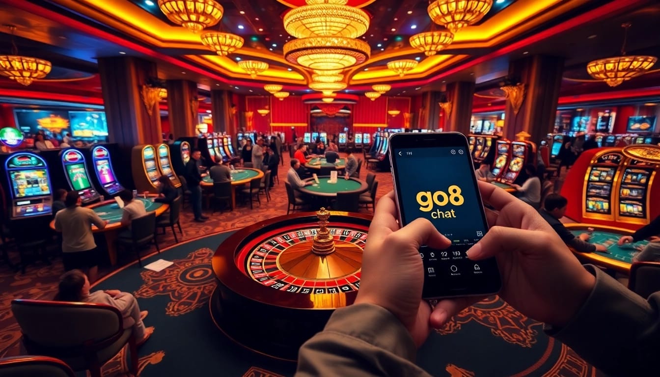 Players enjoy a thrilling gambling experience at https://go8.chat/ featuring poker tables and vibrant slots.