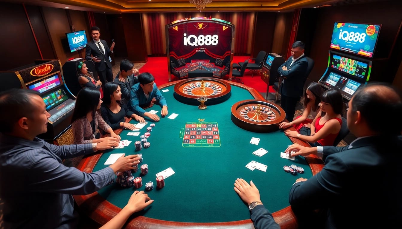 Players engage in a thrilling game at iq88 casino amidst colorful chips and luxurious decor.