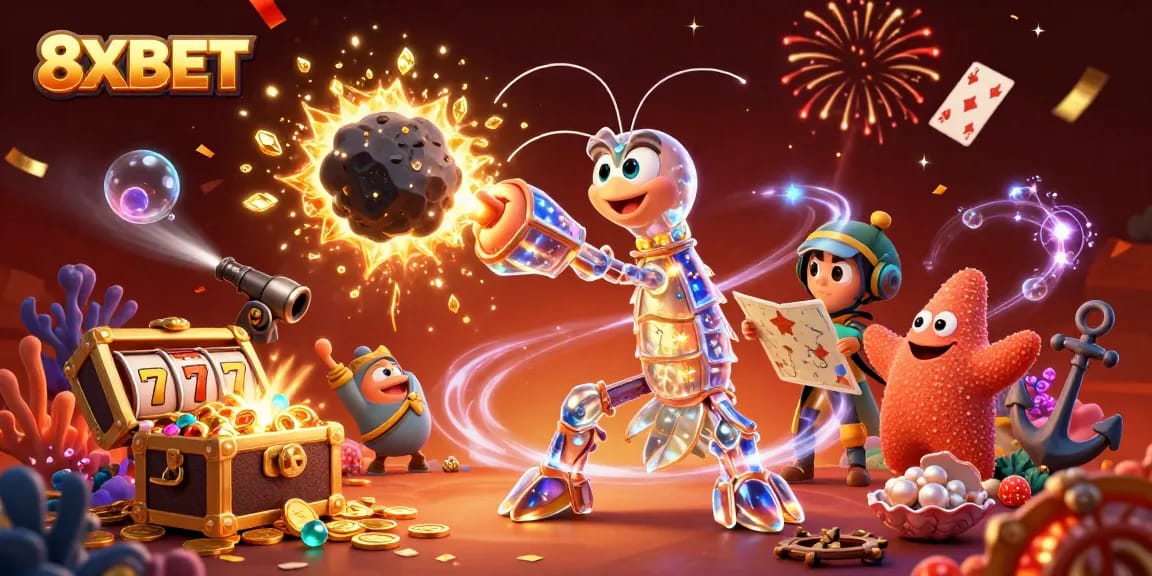 Engage in the dynamic world of 8XBET as a galactic mantis shrimp unleashes jackpots through vibrant cosmic treasures.