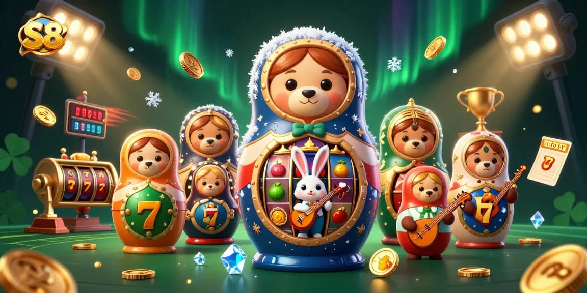 Experience S8's vibrant atmosphere with cartoon casino bears, slot elements, and festive designs.