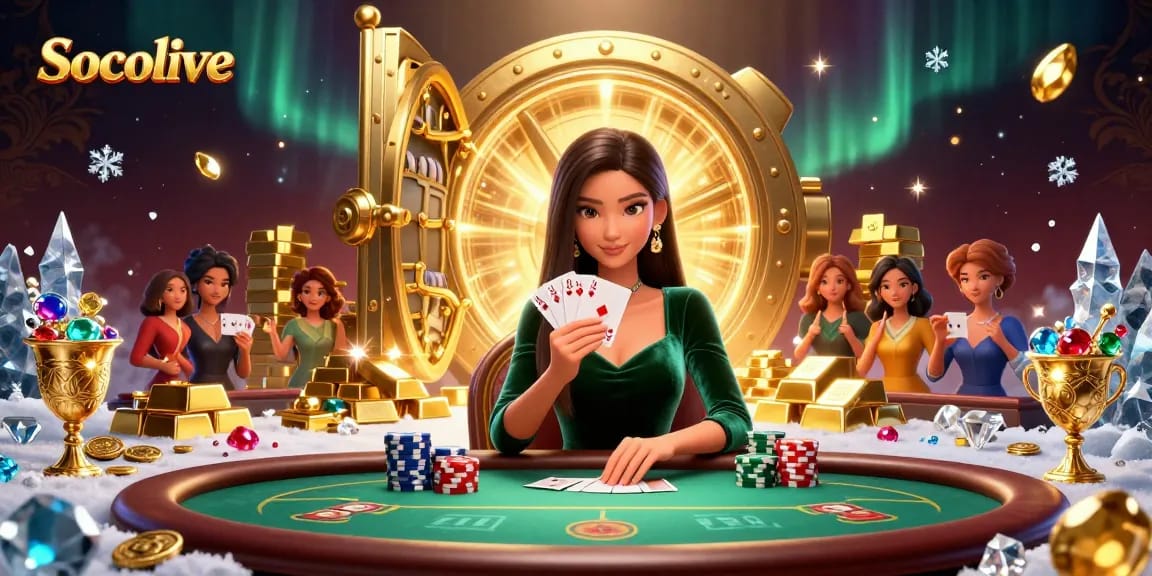 Socolive engages players with a high-stakes poker scene, showcasing quality cards and vibrant chip stacks.