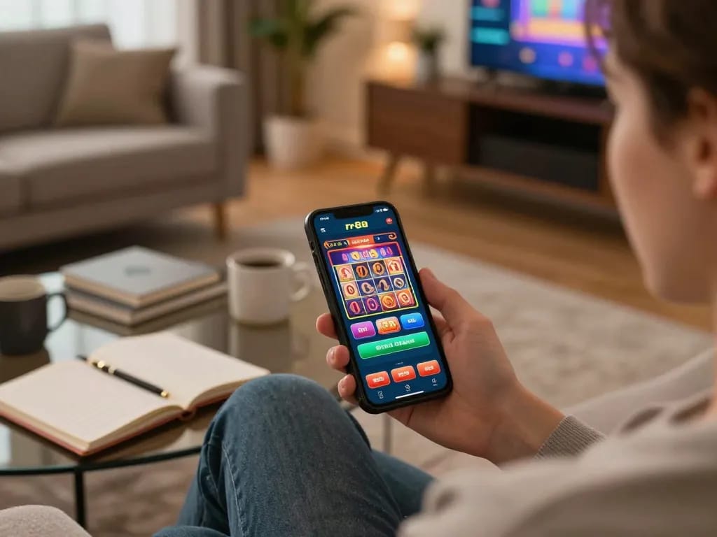 Engaging moment of using the rr88 app for mobile gambling on a smartphone in a cozy living room.