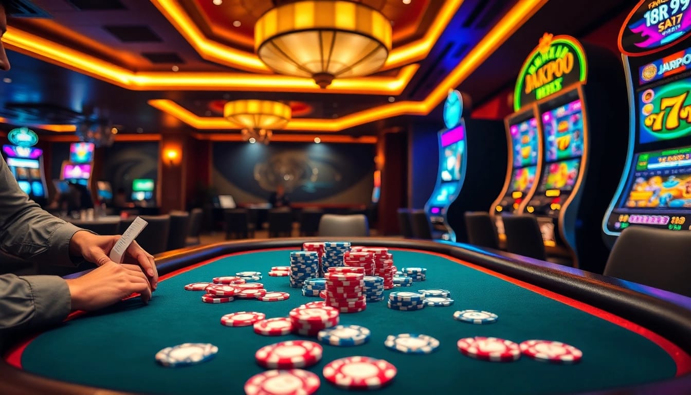 Engage in thrilling poker action at rr99 with vibrant chips and a classic casino table setup.