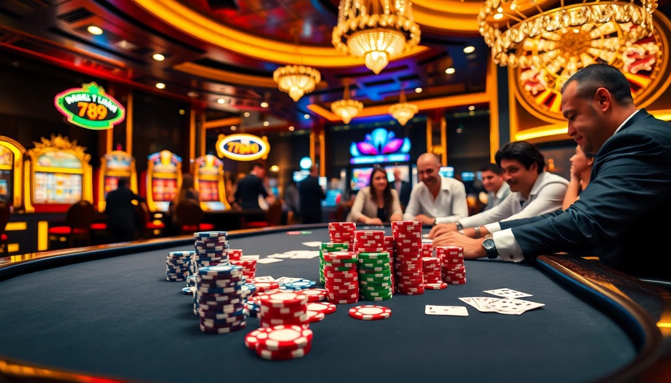 Experience thrilling poker action at 789p with colorful chips, elegant players, and vibrant casino ambiance.
