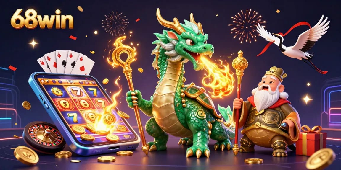 Engage with a thrilling 68win experience featuring a jade dragon and vibrant casino elements.