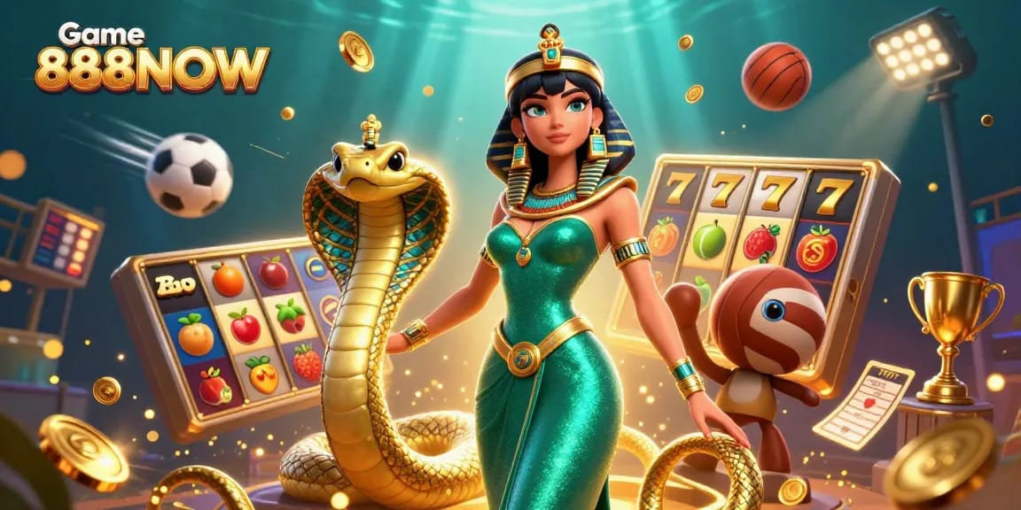 Experience excitement and winning with Game 888NOW in a dynamic casino illustration.