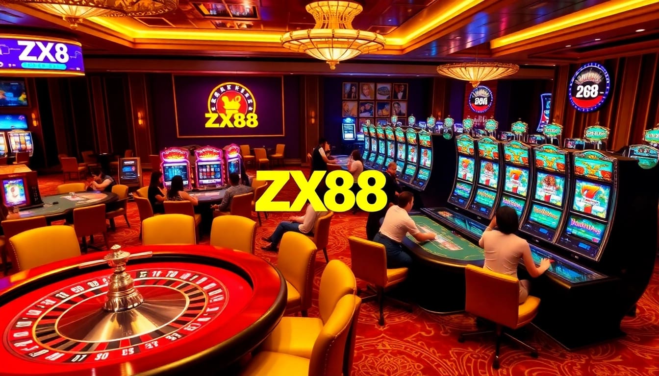 Excited gamblers enjoy high-stakes games at https://zx88.buzz/ with colorful slot machines and poker tables.