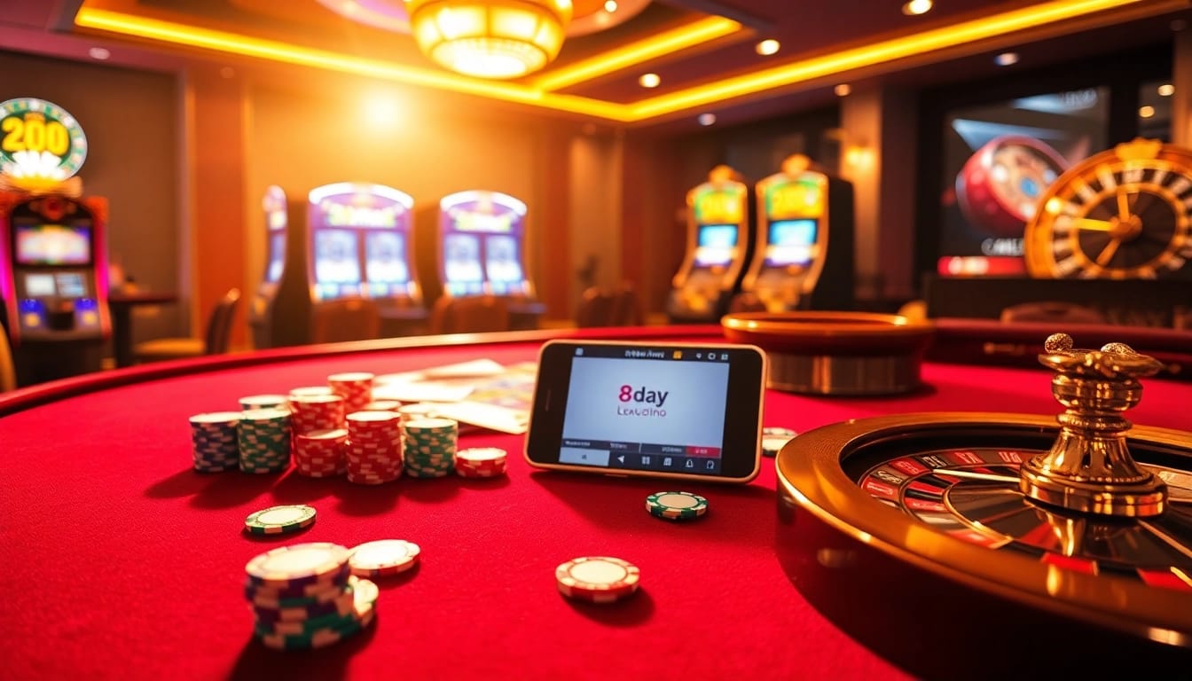 Experience thrilling gambling at 8day.cn.com with vibrant poker chips and slot machines in a luxurious casino scene.