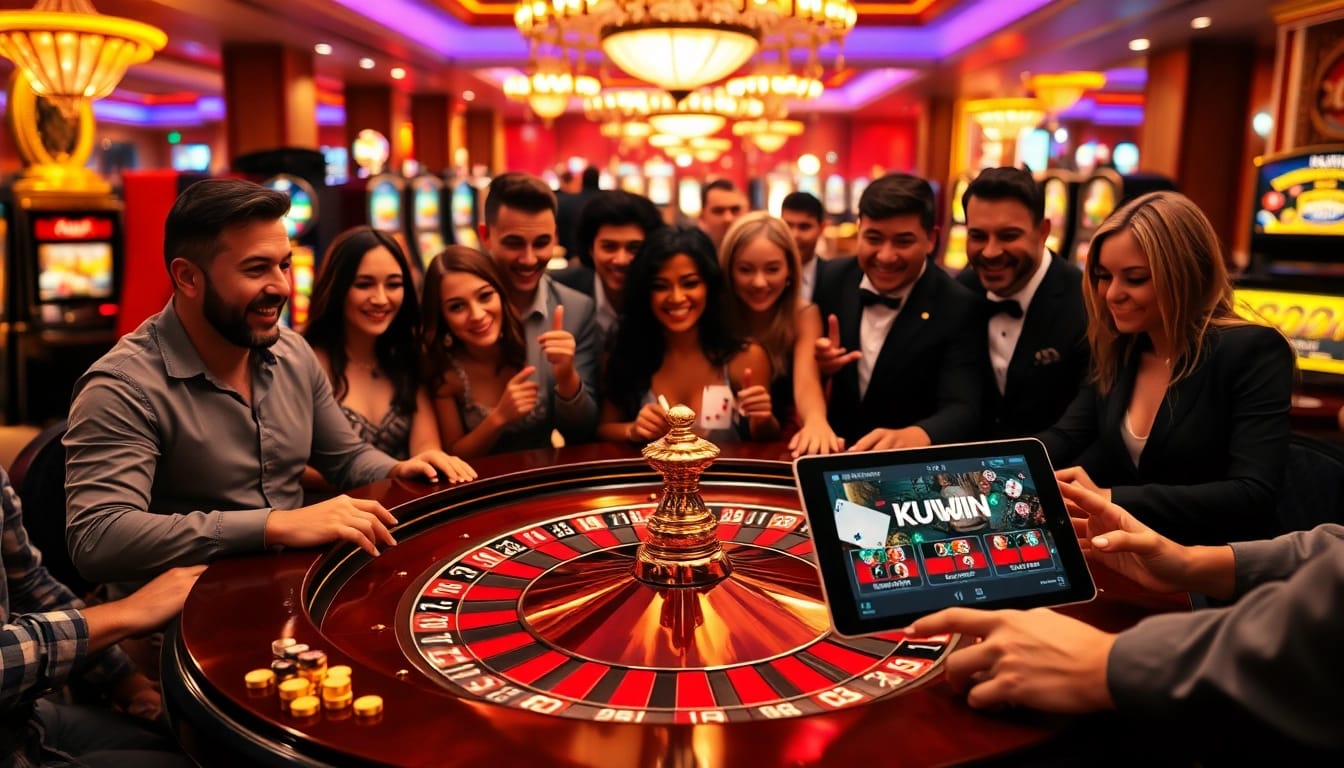 Kuwin players enjoy thrilling casino games around an elegant roulette table in a luxurious venue.