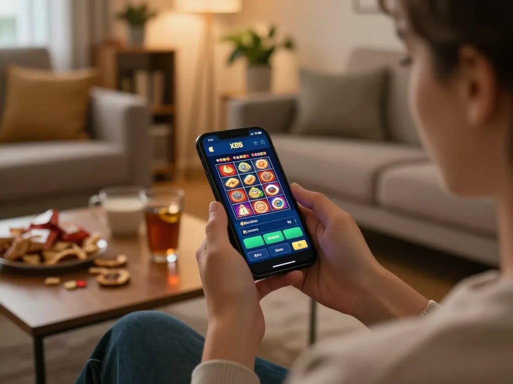 X88 player exploring online casino games on smartphone at home.
