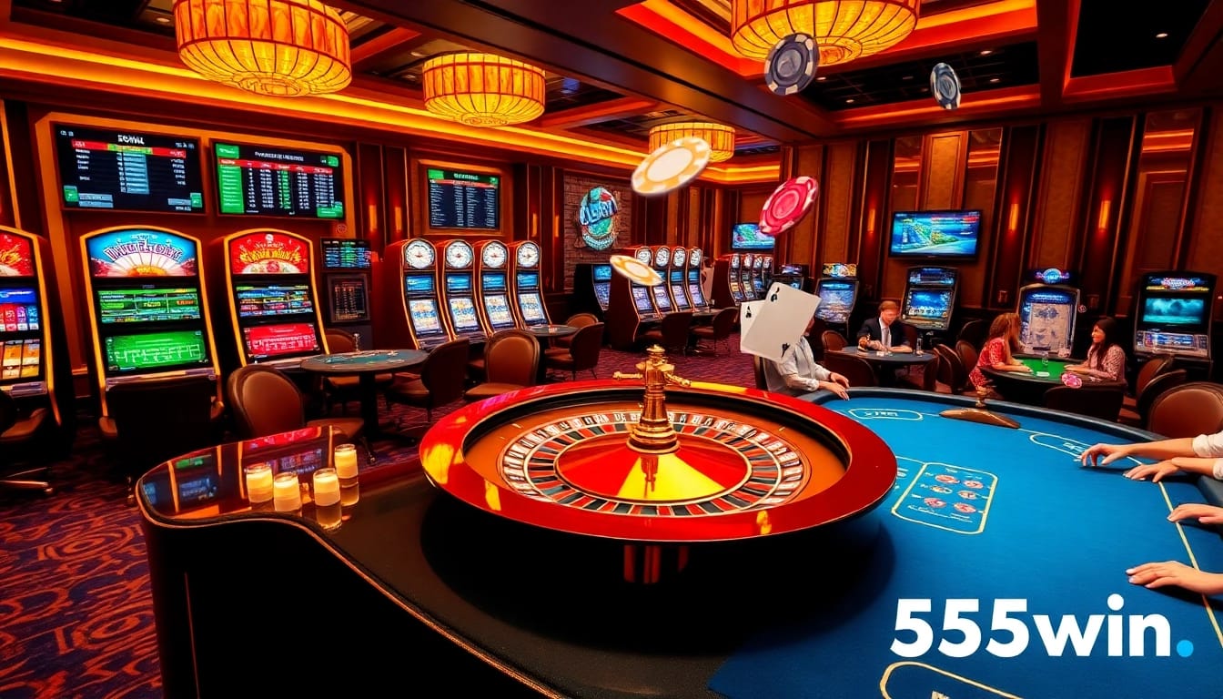 A dynamic casino scene featuring roulette and poker at 555win, showcasing vibrant colors and immersive gambling action.