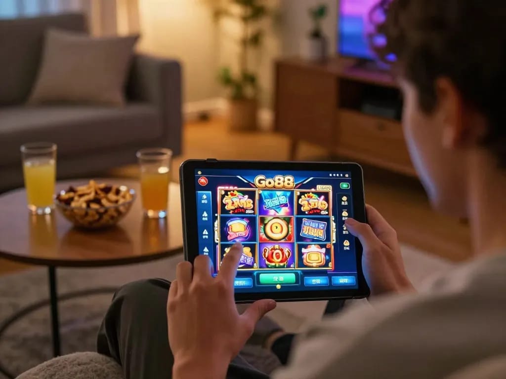 Engaging player enjoying Go88 slots on tablet in cozy home setting, showcasing casual online gambling atmosphere
