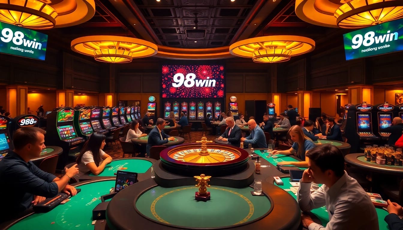 A lively casino scene showcasing players engaged in intense gameplay at 98win, featuring poker and blackjack tables.