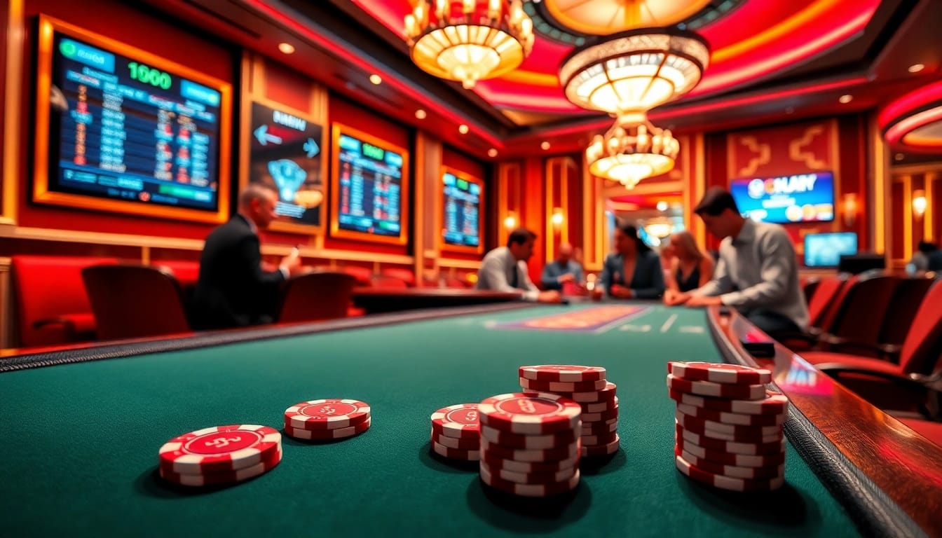 S8 poker chips on a luxurious gaming table in a vibrant casino atmosphere.