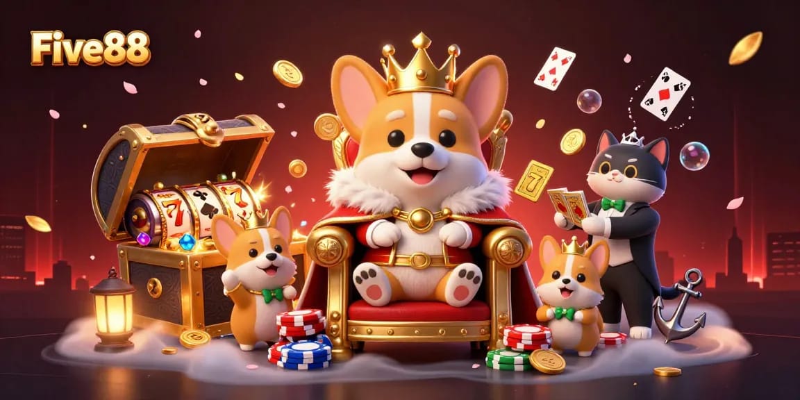 Experience dynamic gameplay at Five88 with royal corgis amid gold coins and slot reels.