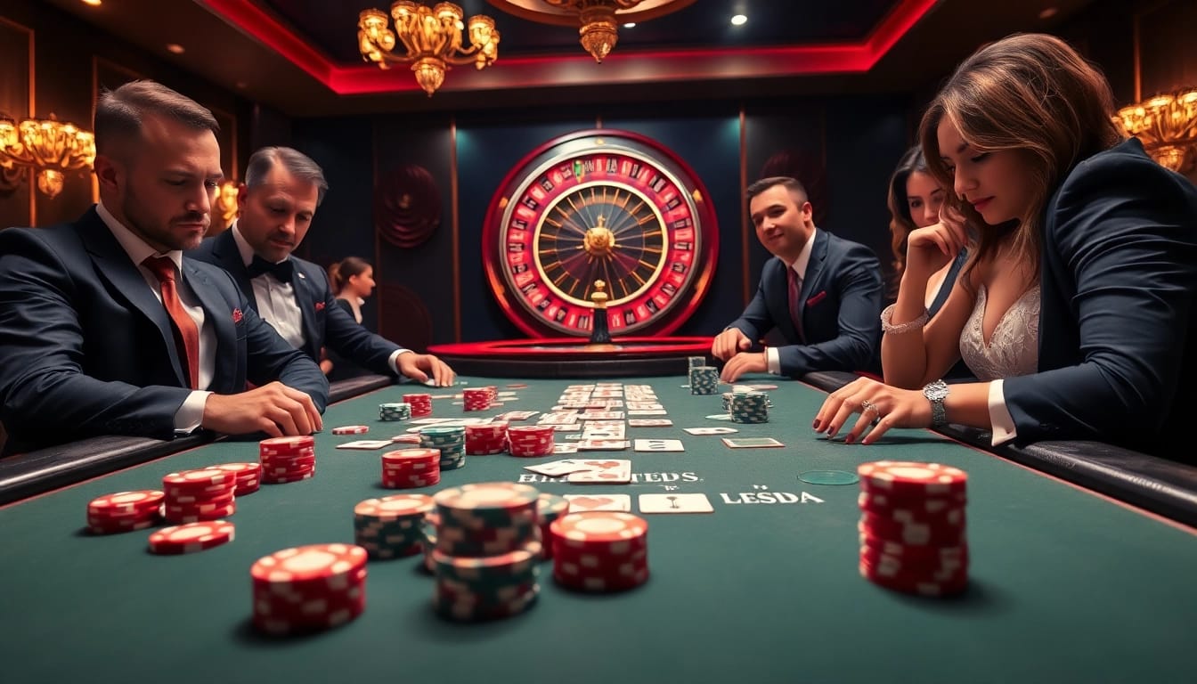Exciting casino action at Luckywin with players engaged in poker and roulette.
