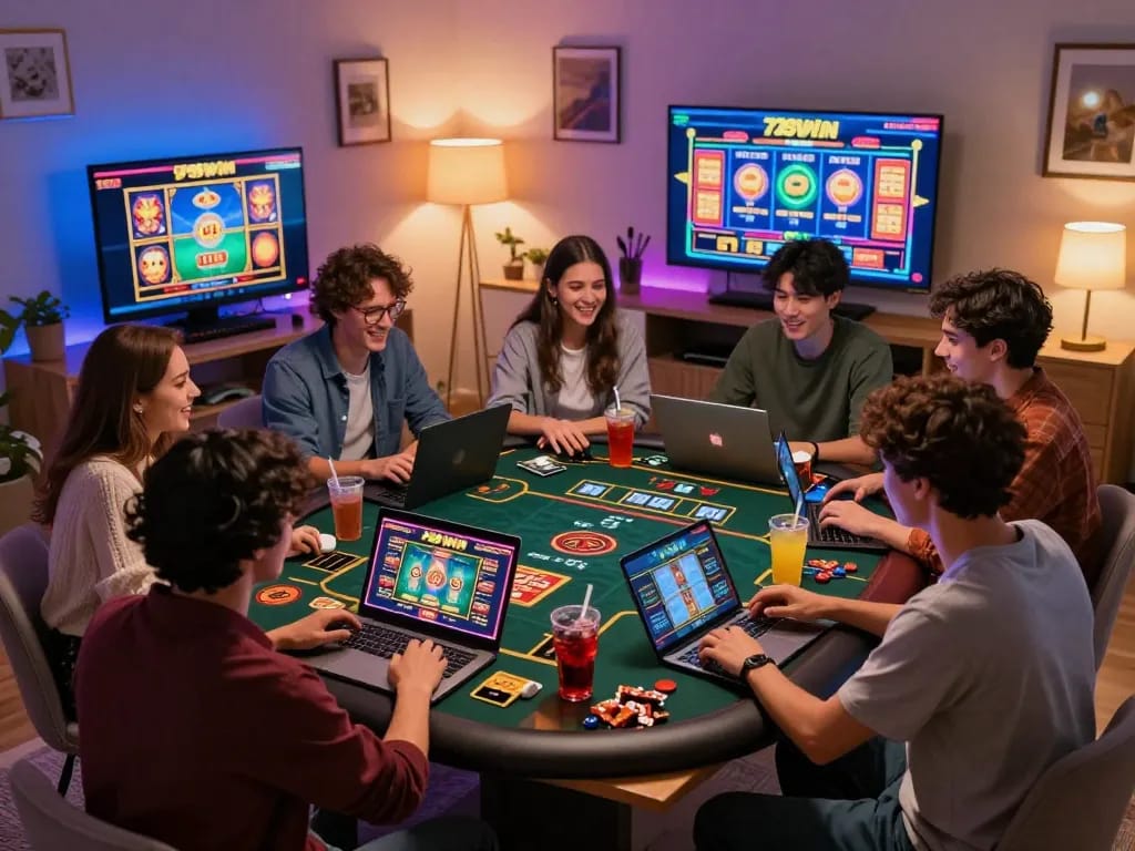 Friends enjoying an exciting gaming night while playing on 789win online casino, showcasing vibrant gaming atmosphere and camaraderie.