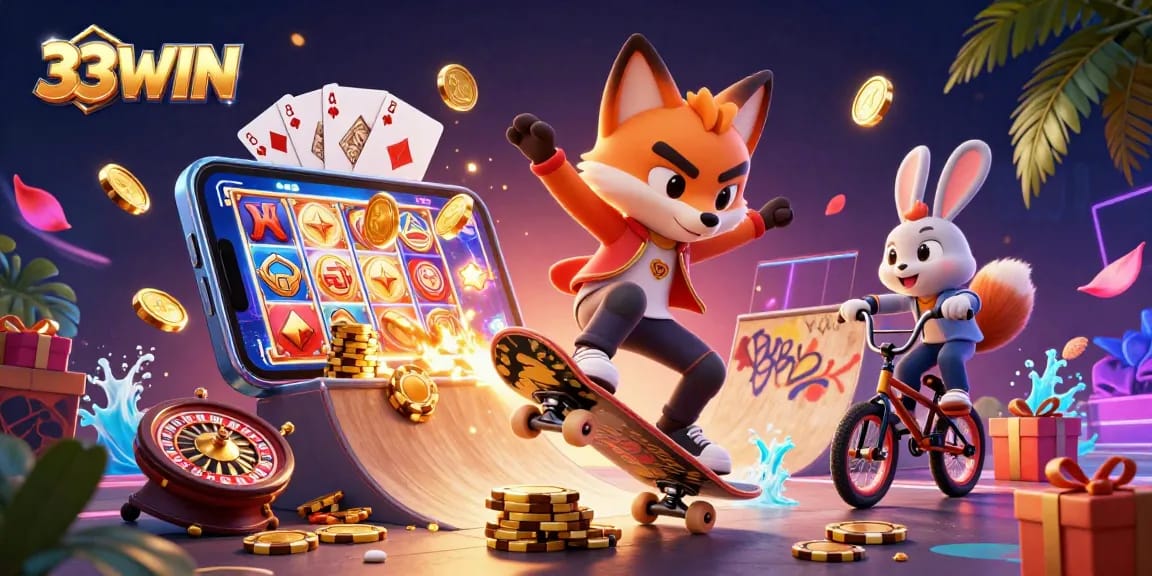 Experience the excitement at 33WIN with a vibrant 3D casino scene featuring foxes and card games.